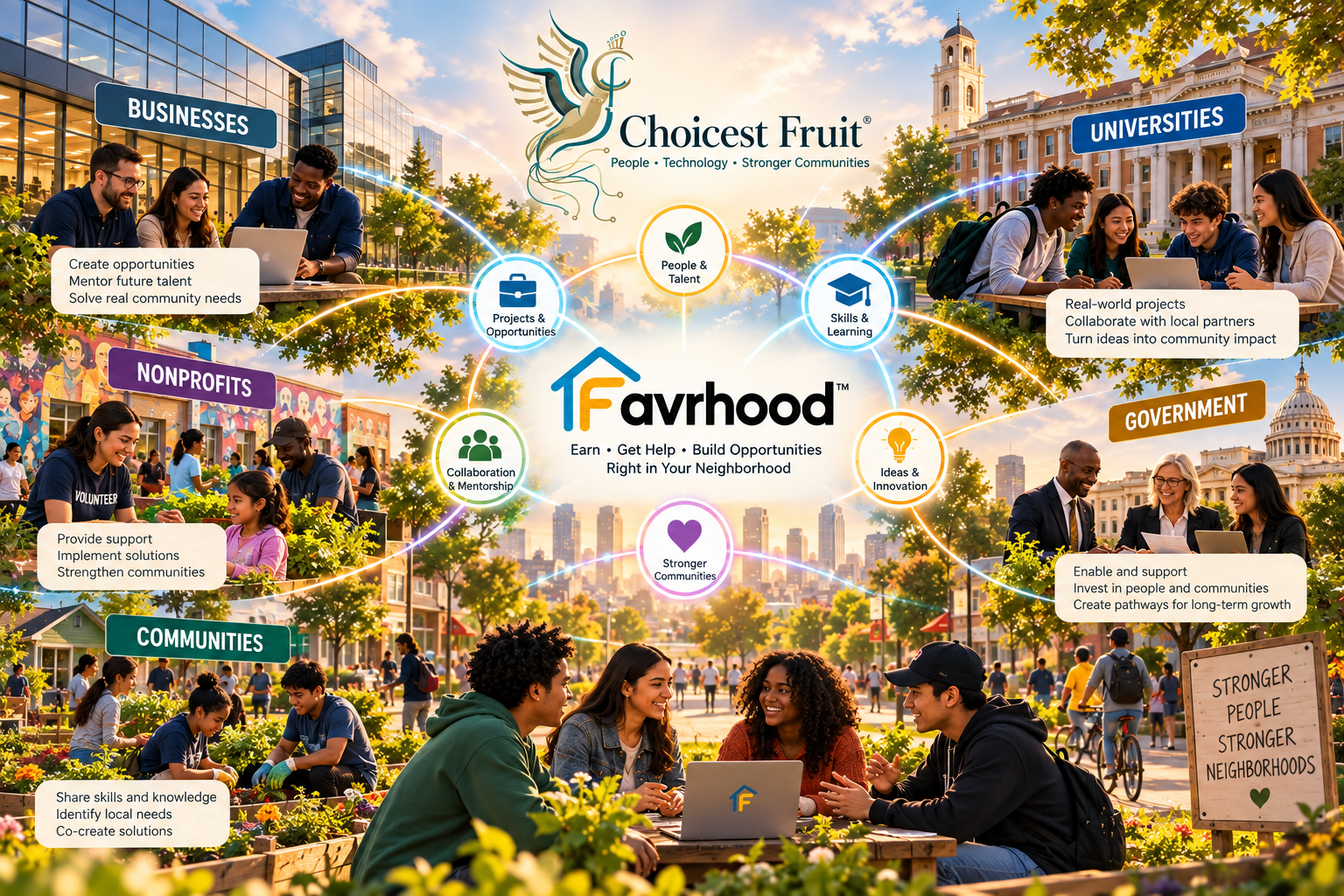 Choicest Fruit and Favrhood connecting businesses, universities, nonprofits, government, and communities in a collaborative local ecosystem.